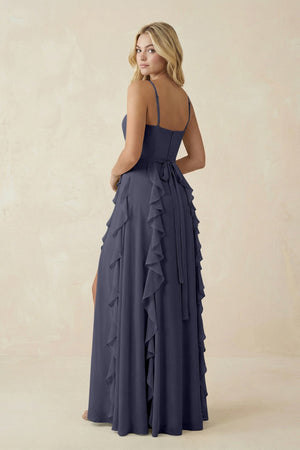 Tiered Ruffle A - Line Chiffon Bridesmaid Dress in Dusk Blue - KISS BRIDAL Bridesmaid Dresses