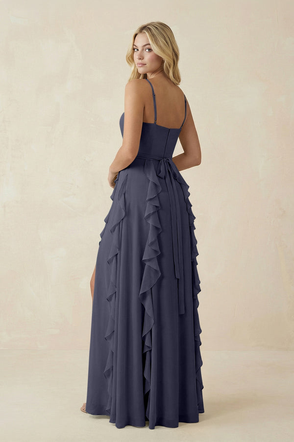 Tiered Ruffle A - Line Chiffon Bridesmaid Dress in Dusk Blue - KISS BRIDAL Bridesmaid Dresses
