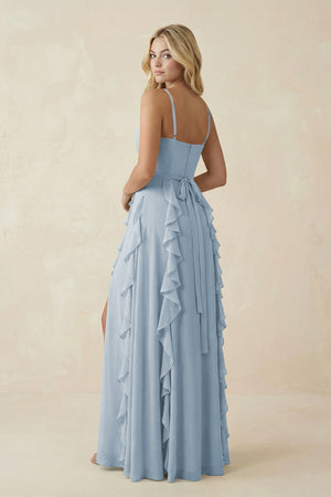 Tiered Ruffle A - Line Chiffon Bridesmaid Dress in Dusty Blue - KISS BRIDAL Bridesmaid Dresses