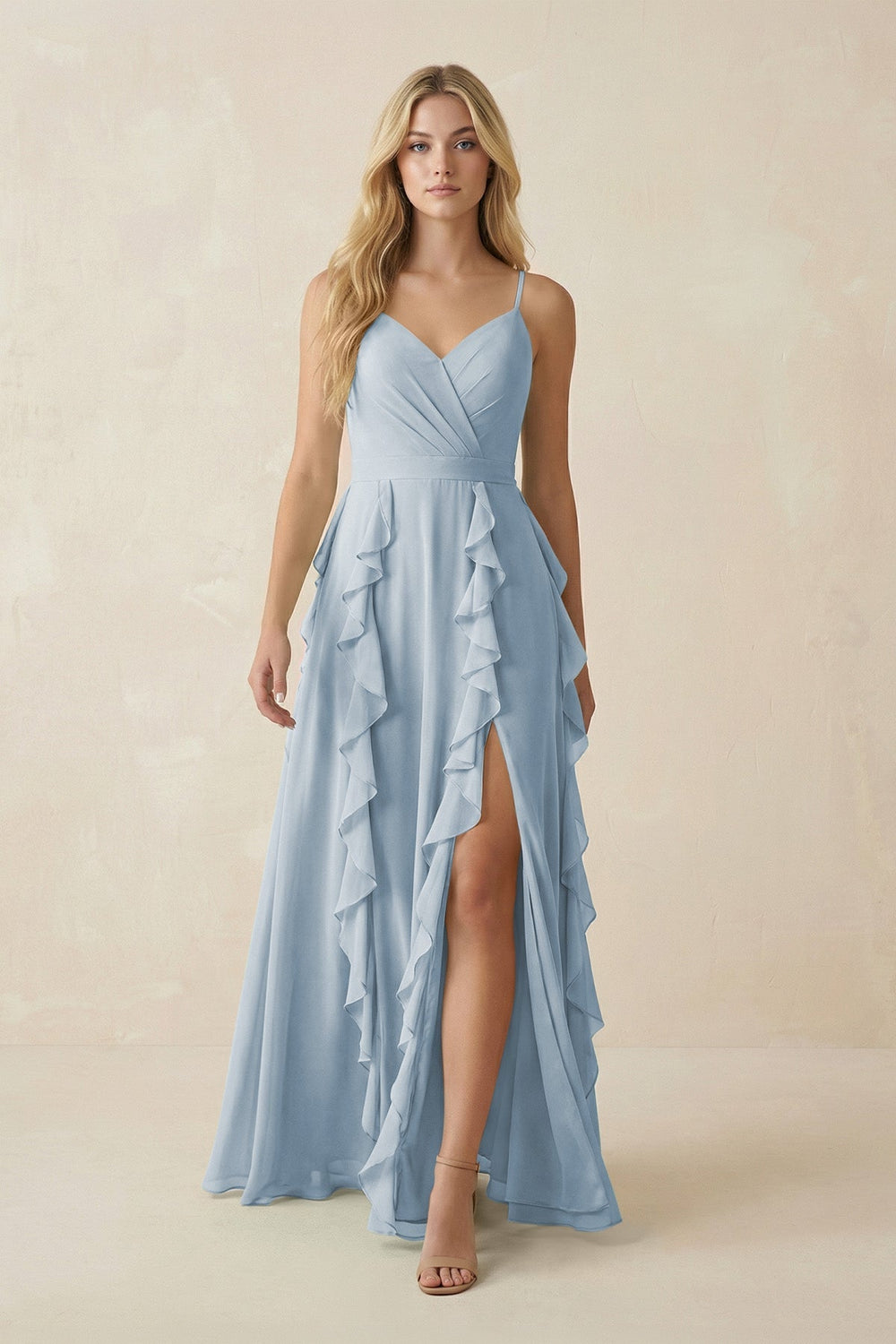 Tiered Ruffle A - Line Chiffon Bridesmaid Dress in Dusty Blue - KISS BRIDAL Bridesmaid Dresses