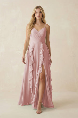Tiered Ruffle A - Line Chiffon Bridesmaid Dress in Dusty Rose - KISS BRIDAL Bridesmaid Dresses