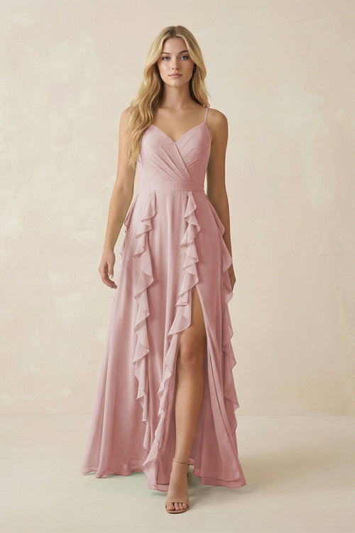 Tiered Ruffle A - Line Chiffon Bridesmaid Dress in Dusty Rose - KISS BRIDAL Bridesmaid Dresses