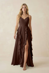 Tiered Ruffle A - Line Chiffon Bridesmaid Dress in Espresso - KISS BRIDAL Bridesmaid Dresses