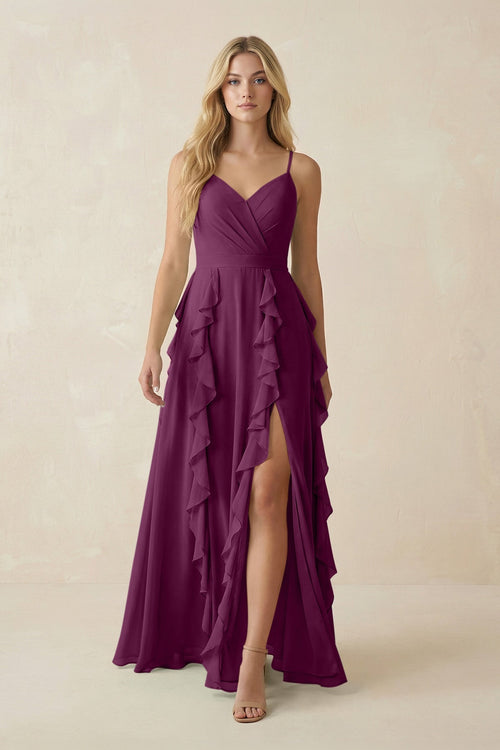 Tiered Ruffle A - Line Chiffon Bridesmaid Dress in Fig - KISS BRIDAL Bridesmaid Dresses