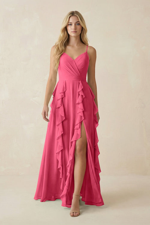Tiered Ruffle A - Line Chiffon Bridesmaid Dress in Fuchsia - KISS BRIDAL Bridesmaid Dresses