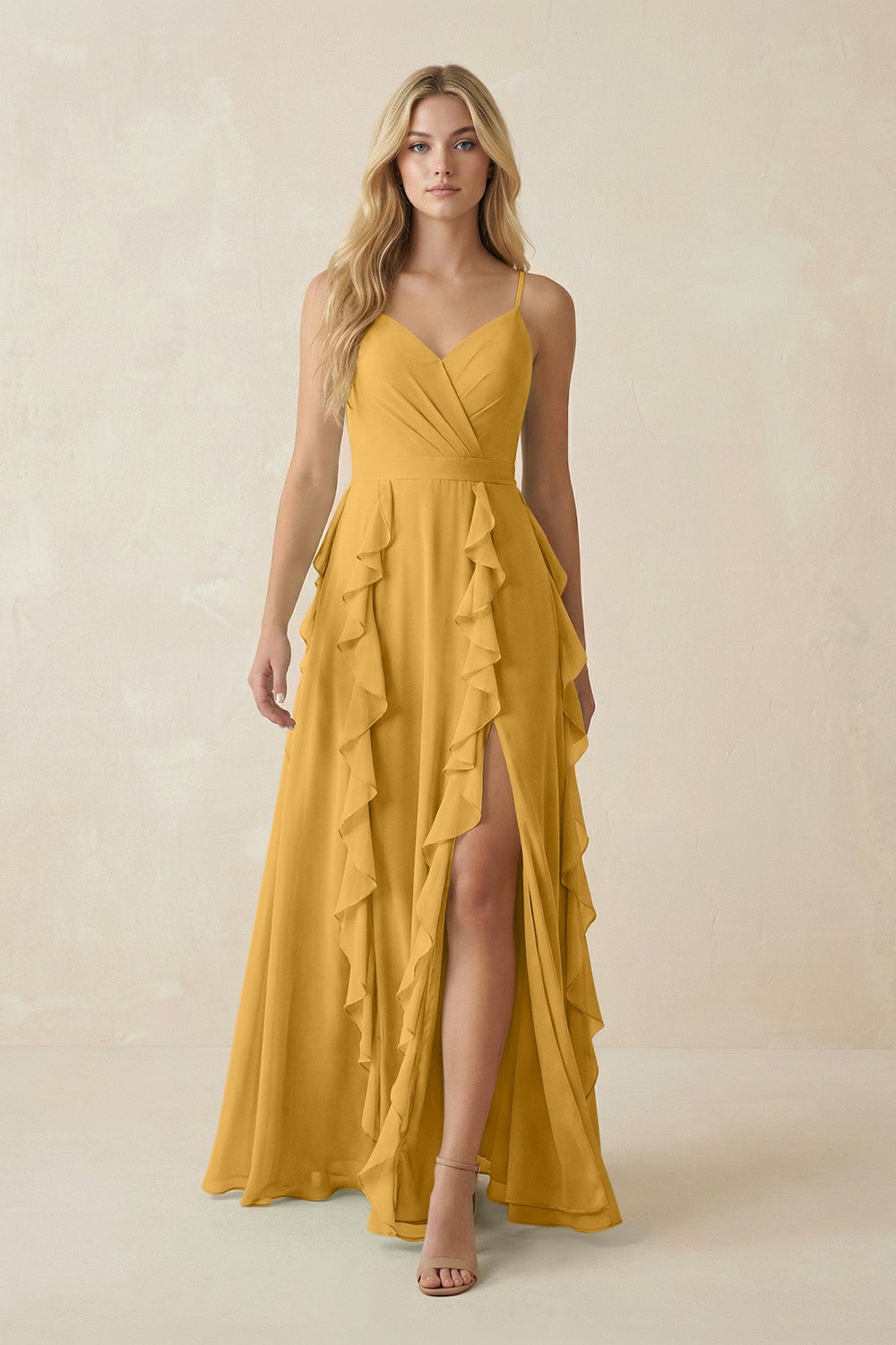 Tiered Ruffle A - Line Chiffon Bridesmaid Dress in Marigold - KISS BRIDAL Bridesmaid Dresses