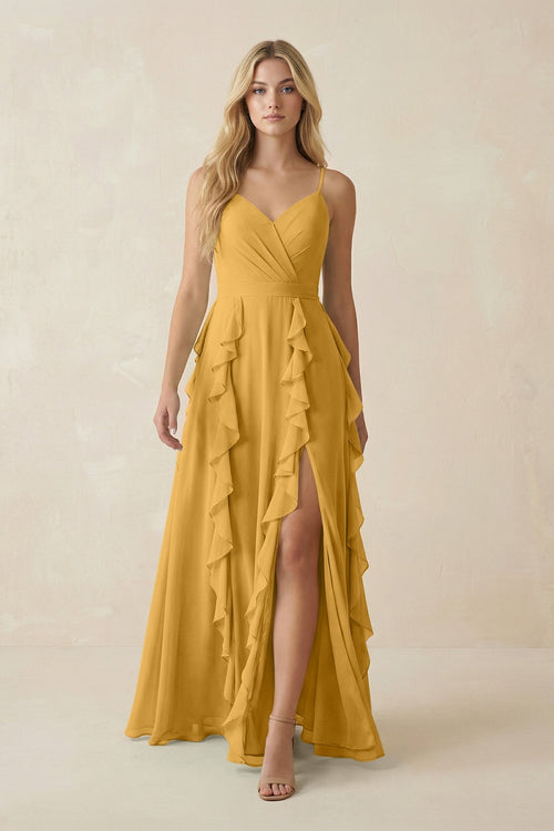 Tiered Ruffle A - Line Chiffon Bridesmaid Dress in Marigold - KISS BRIDAL Bridesmaid Dresses