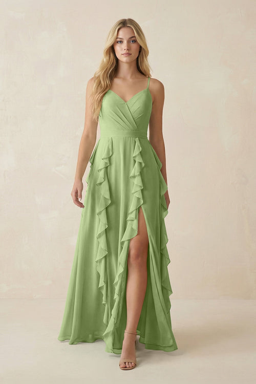 Tiered Ruffle A - Line Chiffon Bridesmaid Dress in Matcha - SHE IS ME Bridesmaid Dresses