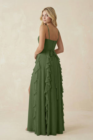 Tiered Ruffle A-Line Chiffon Bridesmaid Dress in Moss (2) | KISSBRIDAL