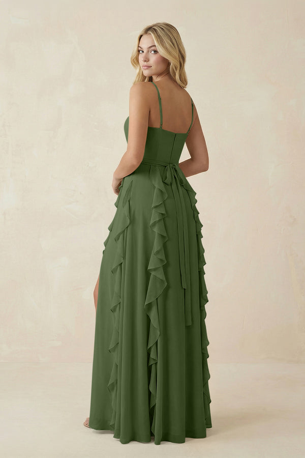 Tiered Ruffle A-Line Chiffon Bridesmaid Dress in Moss (2) | KISSBRIDAL