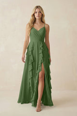 Tiered Ruffle A - Line Chiffon Bridesmaid Dress in Moss - KISS BRIDAL Bridesmaid Dresses