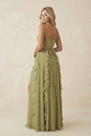 Tiered Ruffle A-Line Chiffon Bridesmaid Dress in Moss Green (2) | KISSBRIDAL