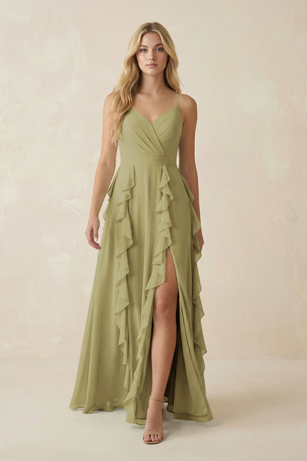 Tiered Ruffle A-Line Chiffon Bridesmaid Dress in Moss Green