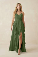 Tiered Ruffle A-Line Chiffon Bridesmaid Dress in Moss | KISSBRIDAL