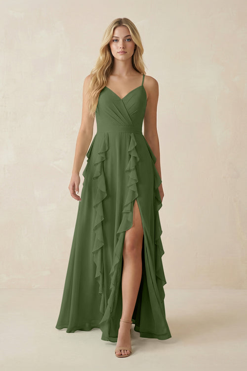Tiered Ruffle A-Line Chiffon Bridesmaid Dress in Moss | KISSBRIDAL