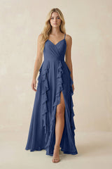 Tiered Ruffle A - Line Chiffon Bridesmaid Dress in Navy - KISS BRIDAL Bridesmaid Dresses