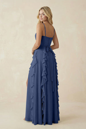 Tiered Ruffle A - Line Chiffon Bridesmaid Dress in Navy - SHE IS ME Bridesmaid Dresses