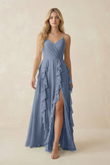 Tiered Ruffle A - Line Chiffon Bridesmaid Dress in Neptune - KISS BRIDAL Bridesmaid Dresses