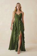 Tiered Ruffle A - Line Chiffon Bridesmaid Dress in Olive - KISS BRIDAL Bridesmaid Dresses