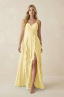 Tiered Ruffle A - Line Chiffon Bridesmaid Dress in Pastel Yellow - KISS BRIDAL Bridesmaid Dresses