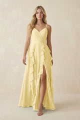 Tiered Ruffle A - Line Chiffon Bridesmaid Dress in Pastel Yellow - KISS BRIDAL Bridesmaid Dresses