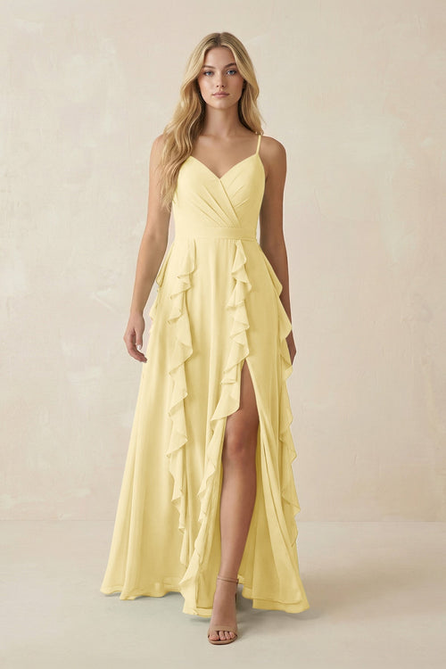 Tiered Ruffle A - Line Chiffon Bridesmaid Dress in Pastel Yellow - KISS BRIDAL Bridesmaid Dresses
