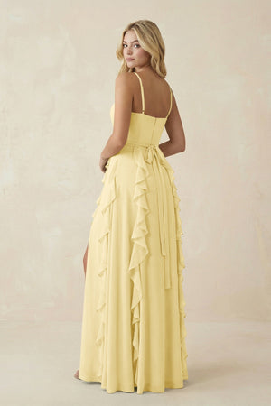 Tiered Ruffle A - Line Chiffon Bridesmaid Dress in Pastel Yellow - KISS BRIDAL Bridesmaid Dresses