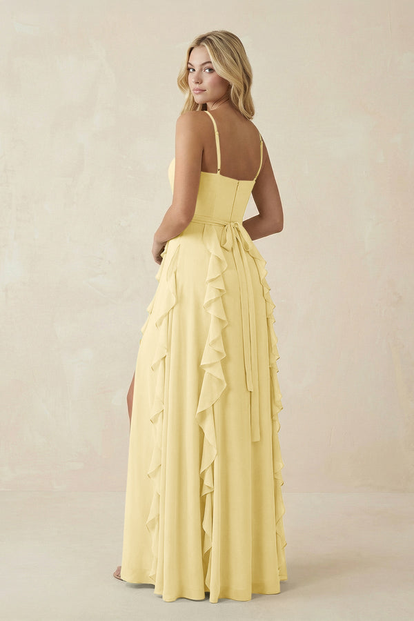 Tiered Ruffle A - Line Chiffon Bridesmaid Dress in Pastel Yellow - KISS BRIDAL Bridesmaid Dresses