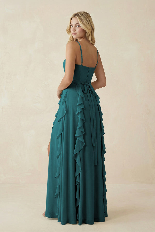 Tiered Ruffle A - Line Chiffon Bridesmaid Dress in Pine - KISS BRIDAL Bridesmaid Dresses