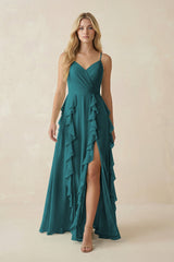 Tiered Ruffle A - Line Chiffon Bridesmaid Dress in Pine - KISS BRIDAL Bridesmaid Dresses