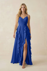 Tiered Ruffle A - Line Chiffon Bridesmaid Dress in Royal Blue - KISS BRIDAL Bridesmaid Dresses