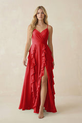 Tiered Ruffle A - Line Chiffon Bridesmaid Dress in Ruby Red - KISS BRIDAL Bridesmaid Dresses