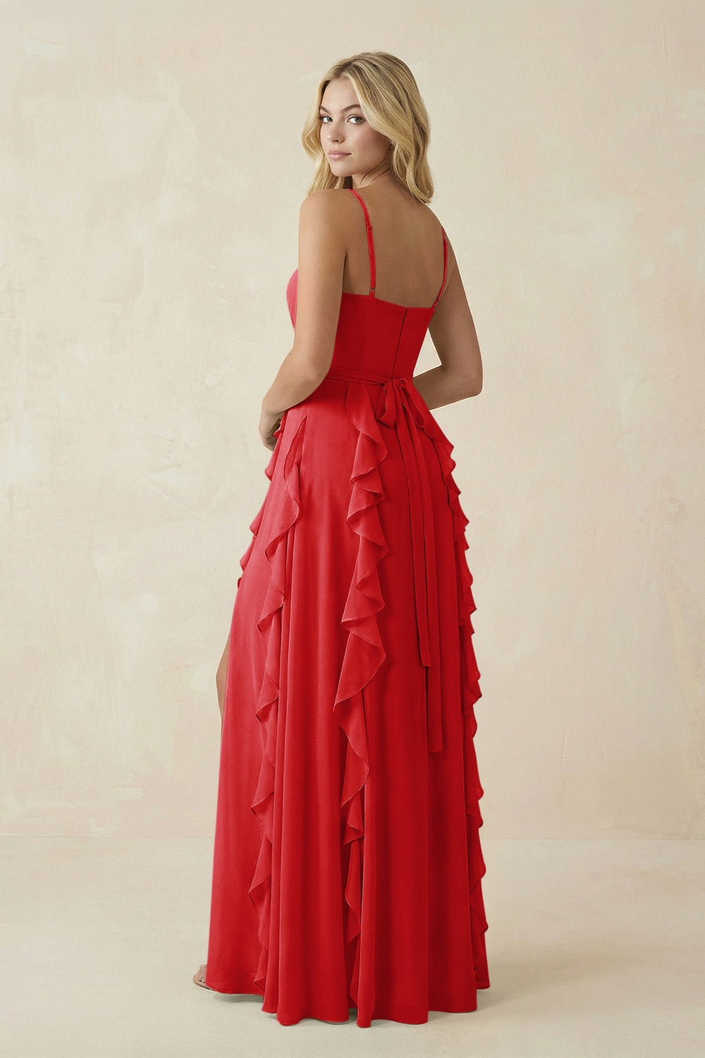 Tiered Ruffle A - Line Chiffon Bridesmaid Dress in Ruby Red - SHE IS ME Bridesmaid Dresses