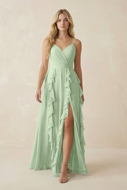 Tiered Ruffle A - Line Chiffon Bridesmaid Dress in Sage - SHE IS ME Bridesmaid Dresses