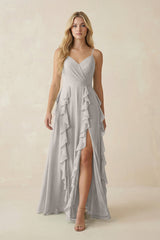 Tiered Ruffle A - Line Chiffon Bridesmaid Dress in Silver - KISS BRIDAL Bridesmaid Dresses