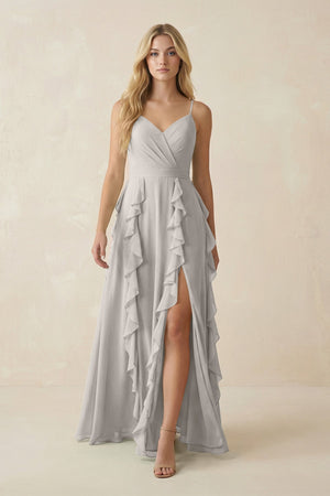 Tiered Ruffle A - Line Chiffon Bridesmaid Dress in Silver - KISS BRIDAL Bridesmaid Dresses