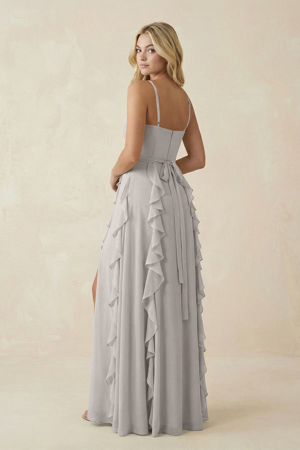 Tiered Ruffle A - Line Chiffon Bridesmaid Dress in Silver - KISS BRIDAL Bridesmaid Dresses