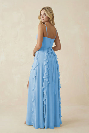 Tiered Ruffle A - Line Chiffon Bridesmaid Dress in Steel Blue - KISS BRIDAL Bridesmaid Dresses