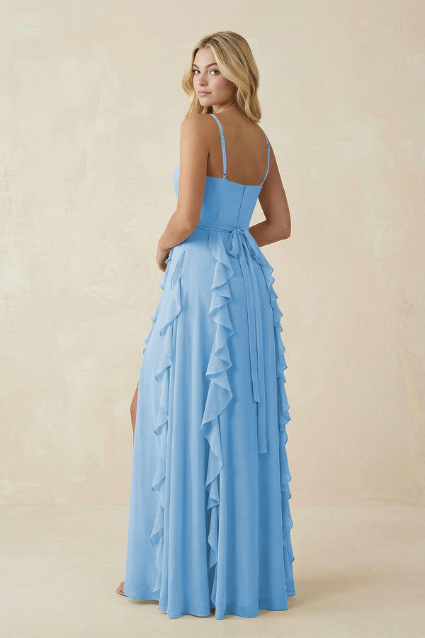 Tiered Ruffle A - Line Chiffon Bridesmaid Dress in Steel Blue - KISS BRIDAL Bridesmaid Dresses