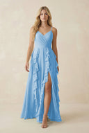 Tiered Ruffle A - Line Chiffon Bridesmaid Dress in Steel Blue - KISS BRIDAL Bridesmaid Dresses