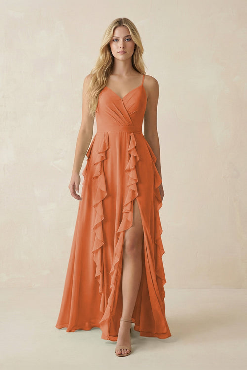 Tiered Ruffle A - Line Chiffon Bridesmaid Dress in Terracotta - KISS BRIDAL Bridesmaid Dresses