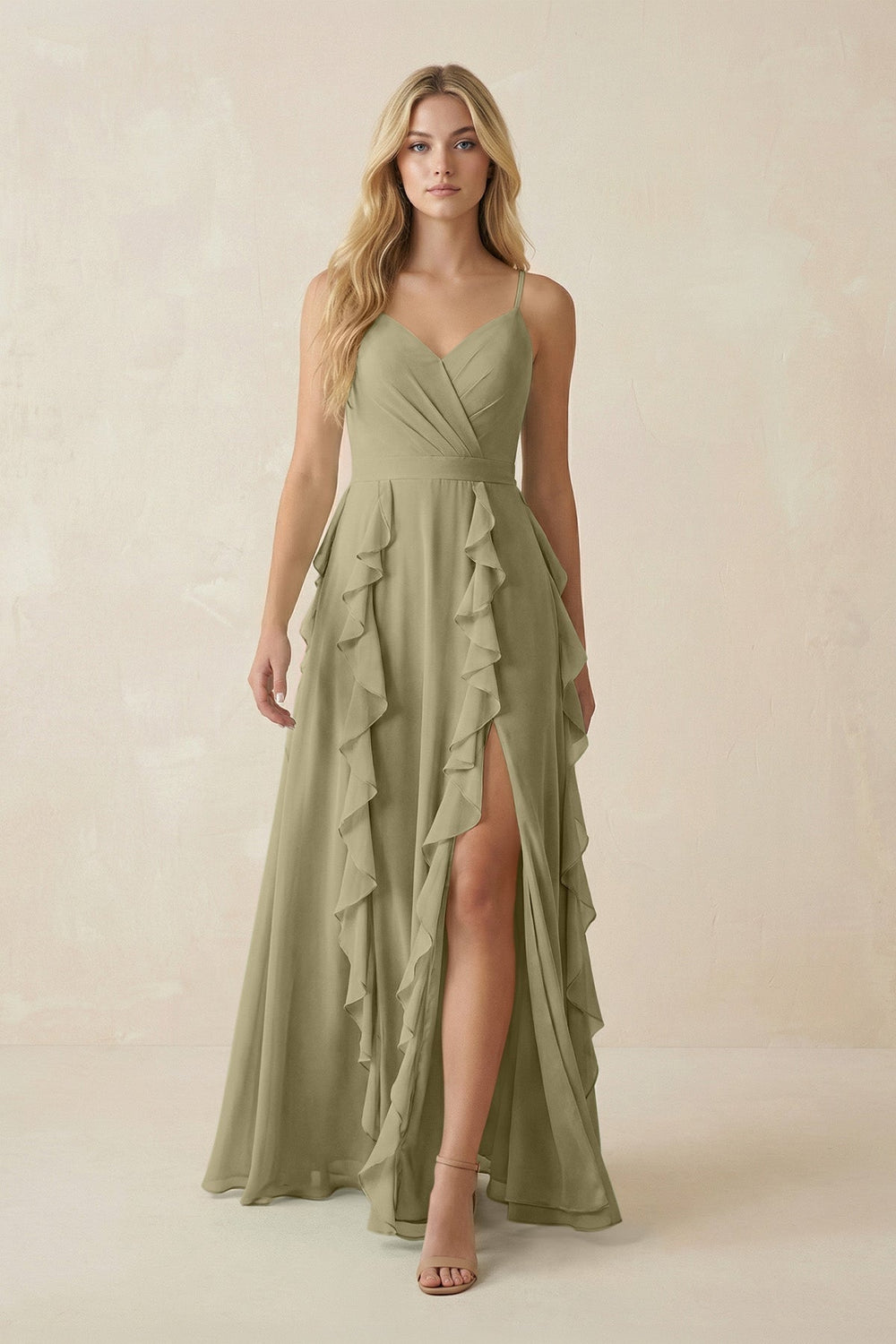 Tiered Ruffle A - Line Chiffon Bridesmaid Dress in Thyme - SHE IS ME Bridesmaid Dresses