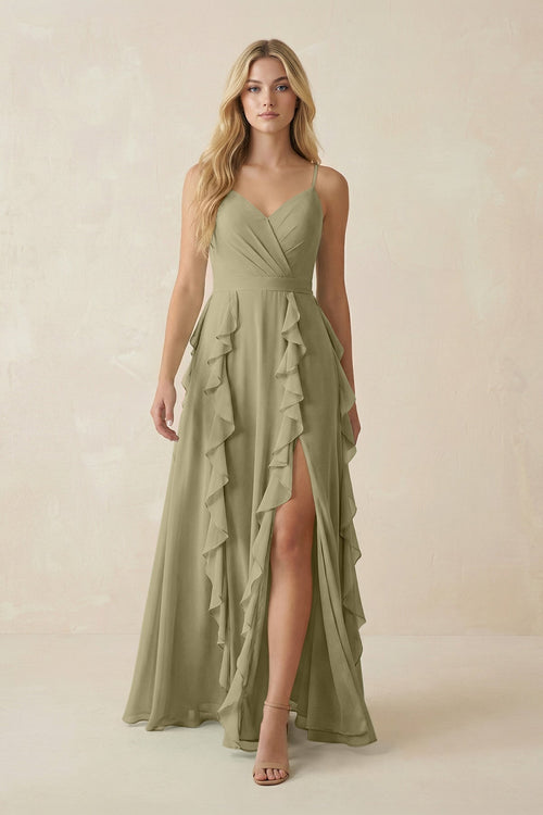 Tiered Ruffle A - Line Chiffon Bridesmaid Dress in Thyme - SHE IS ME Bridesmaid Dresses
