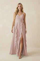 Tiered Ruffle A-Line Chiffon Bridesmaid Dress in Toffee | KISSBRIDAL