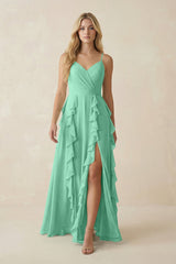 Tiered Ruffle A - Line Chiffon Bridesmaid Dress in Turquoise - KISS BRIDAL Bridesmaid Dresses