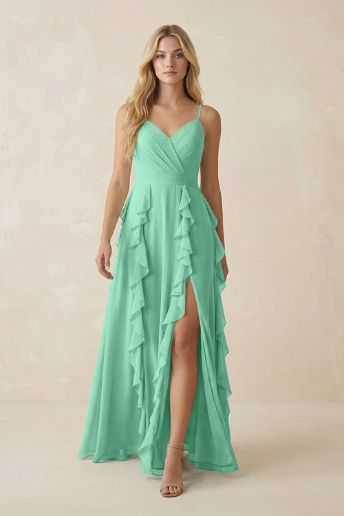 Tiered Ruffle A - Line Chiffon Bridesmaid Dress in Turquoise - KISS BRIDAL Bridesmaid Dresses