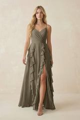 Tiered Ruffle A - Line Chiffon Bridesmaid Dress in Willow Green - KISS BRIDAL Bridesmaid Dresses