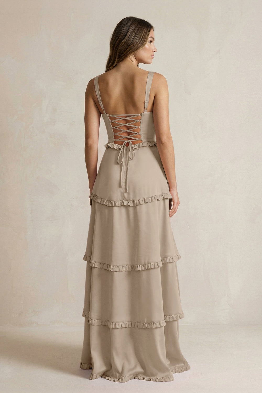 Tiered Ruffled A - Line Bridesmaid Dress With Slit in Almond - KISS BRIDAL Bridesmaid Dresses