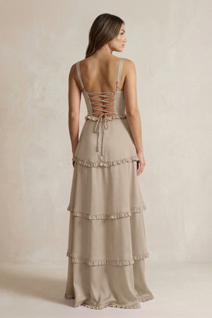 Tiered Ruffled A - Line Bridesmaid Dress With Slit in Almond - KISS BRIDAL Bridesmaid Dresses