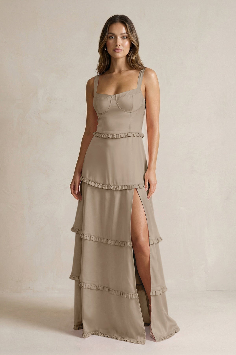 Tiered Ruffled A - Line Bridesmaid Dress With Slit in Almond - KISS BRIDAL Bridesmaid Dresses